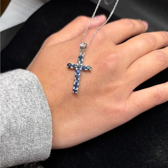 Silver Sapphire Cross on Sterling Silver Chain - Picture 4 of 5
